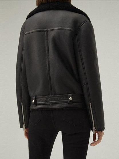 Matte Black Women's Shearling Leather Jacket