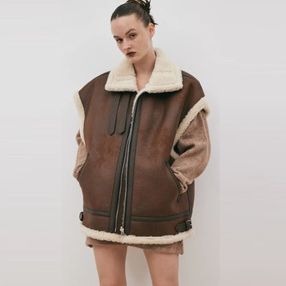 Chocolate Brown Oversized Shearling Leather Vest for Women