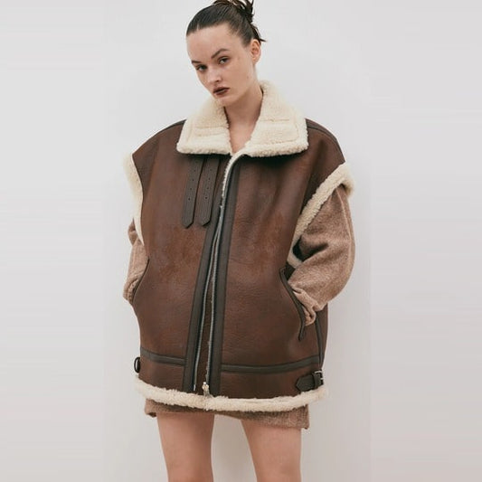 Chocolate Brown Oversized Shearling Leather Vest for Women
