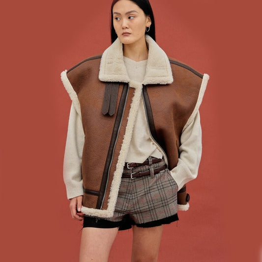Women's Oversized Shearling Leather Vest in Dark Brown