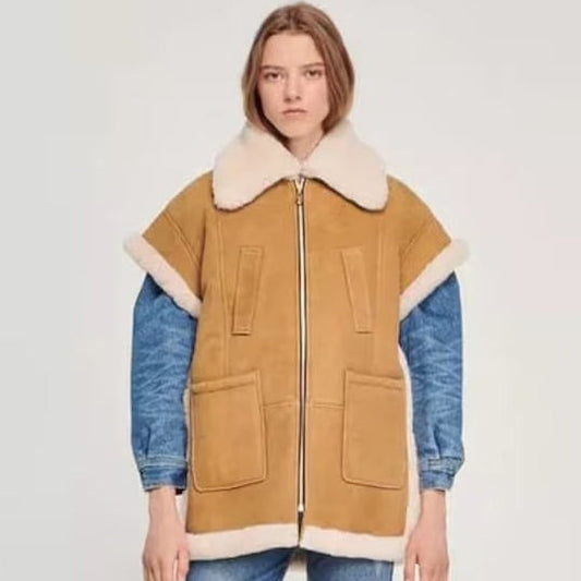Tan Brown Oversized Shearling Leather Vest for Women