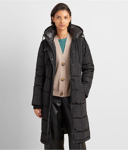 Women's Long Puffer Trench Coat – Black, Warm & Stylish