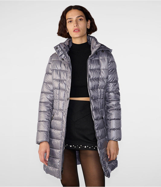 Women's Gray Quilted Puffer Coat with Hood – Lightweight & Warm