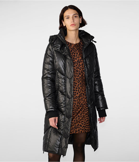 Black Quilted Puffer Trench Coat for Women