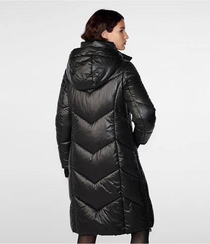 Black Quilted Puffer Trench Coat for Women