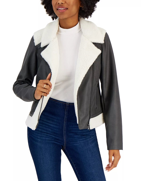 Women's Gray Shearling Aviator Fur Leather Jacket