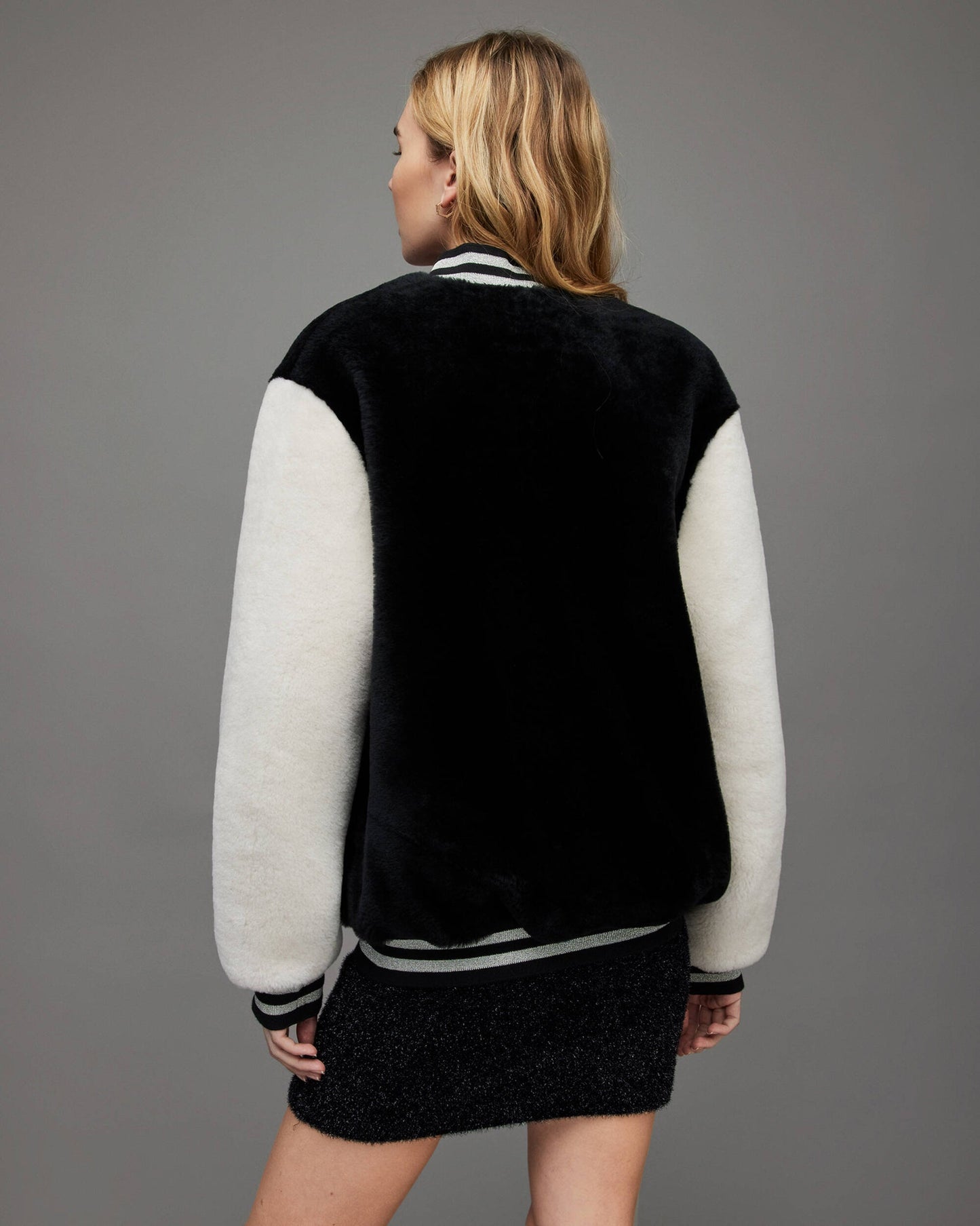 Women's White & Black Shearling Bomber Jacket