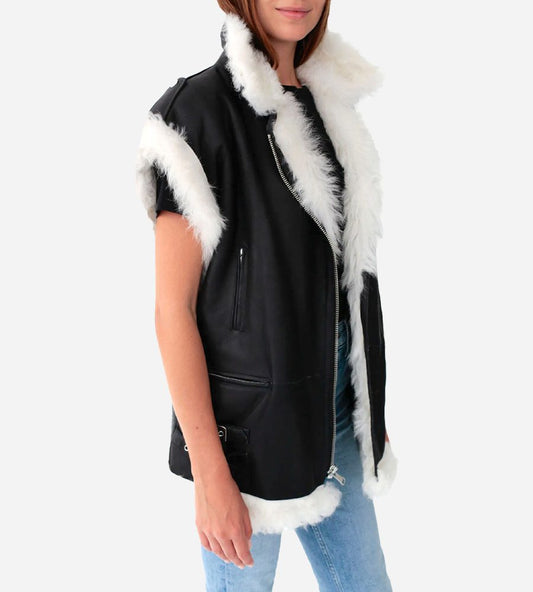 Black Shearling Leather Biker Vest for Women