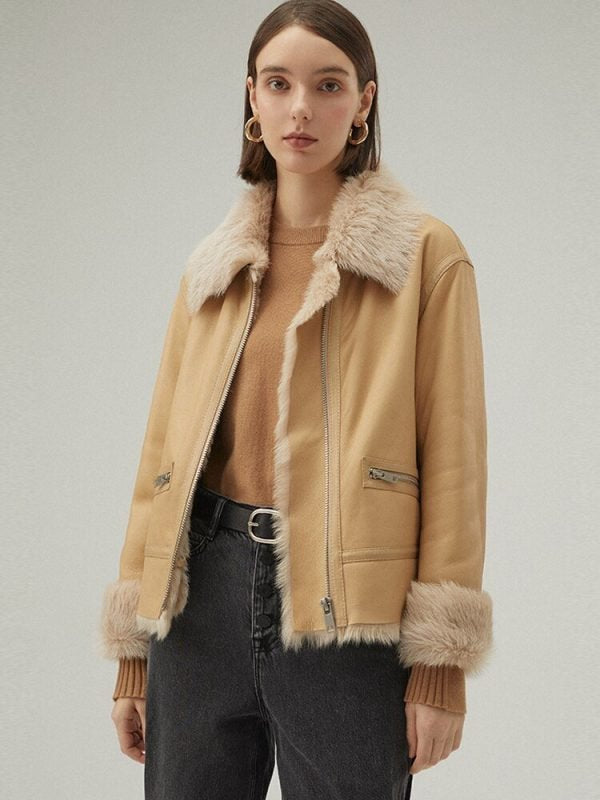 Women's Tan Brown Shearling Leather Jacket – Cozy & Stylish