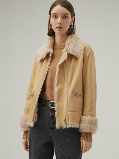 Women's Tan Brown Shearling Leather Jacket – Cozy & Stylish