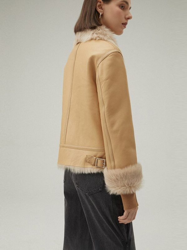 Women's Tan Brown Shearling Leather Jacket – Cozy & Stylish