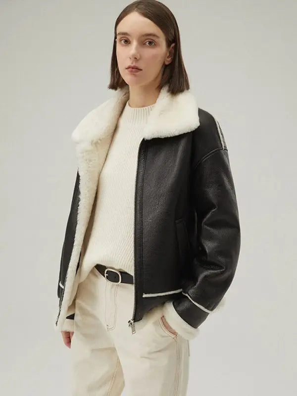 Black Shearling Leather Jacket for Women – Stylish & Warm