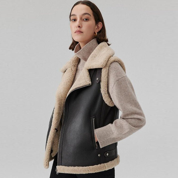 Women's Black Sheepskin Biker Leather Vest