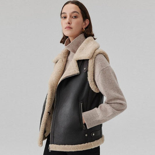 Women's Black Sheepskin Biker Leather Vest