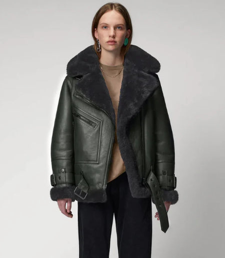 Women's Khaki Sheepskin Bomber Biker Leather Jacket – Stylish & Warm