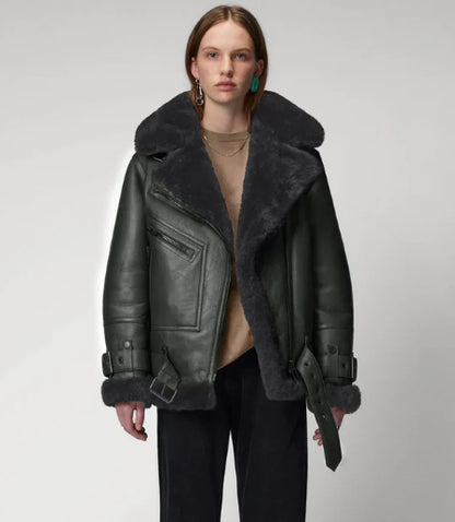 Women's Khaki Sheepskin Bomber Biker Leather Jacket – Stylish & Warm
