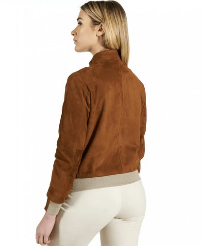 Dark Brown Suede Bomber Jacket for Women