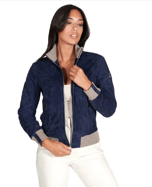 Royal Blue Suede Bomber Jacket for Women
