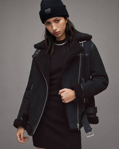 Black Suede Shearling Biker Jacket for Women
