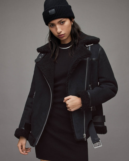 Black Suede Shearling Biker Jacket for Women
