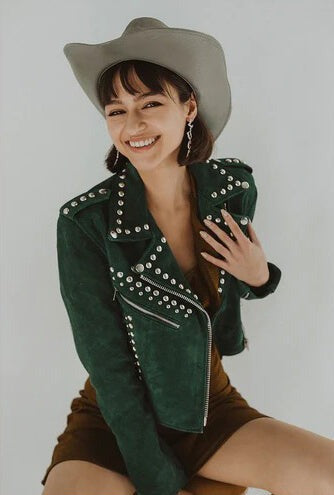 Women's Green Suede Studded Leather Jacket