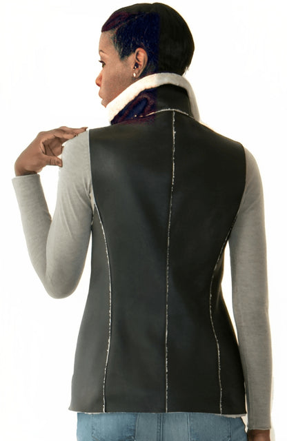 Black Shearling Biker Leather Vest for Women