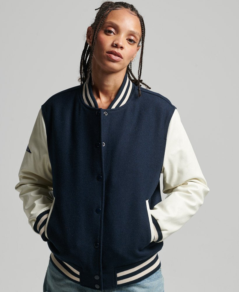 Black & White Varsity Bomber Leather Jacket for Women