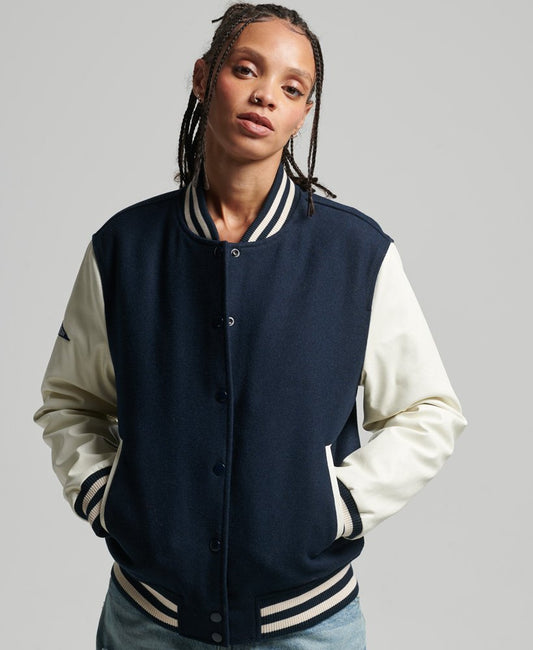 Black & White Varsity Bomber Leather Jacket for Women