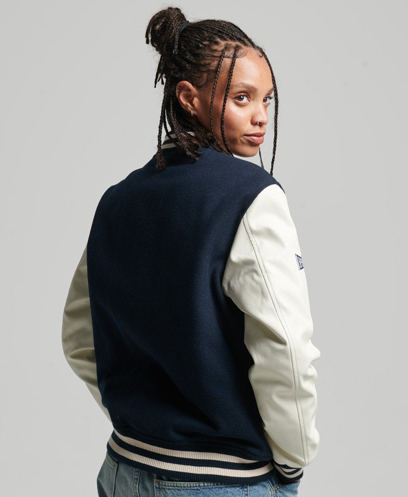Black & White Varsity Bomber Leather Jacket for Women