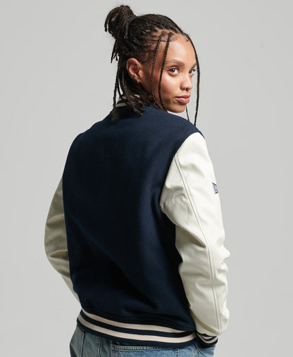 Black & White Varsity Bomber Leather Jacket for Women