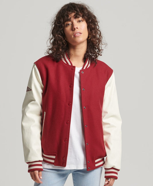 Red & White Cropped Varsity Leather Jacket for Women