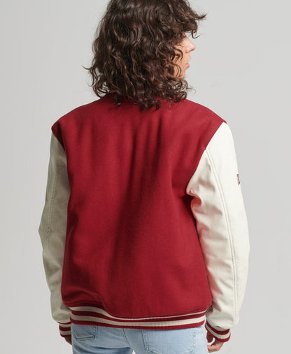 Red & White Varsity Bomber Leather Jacket for Women