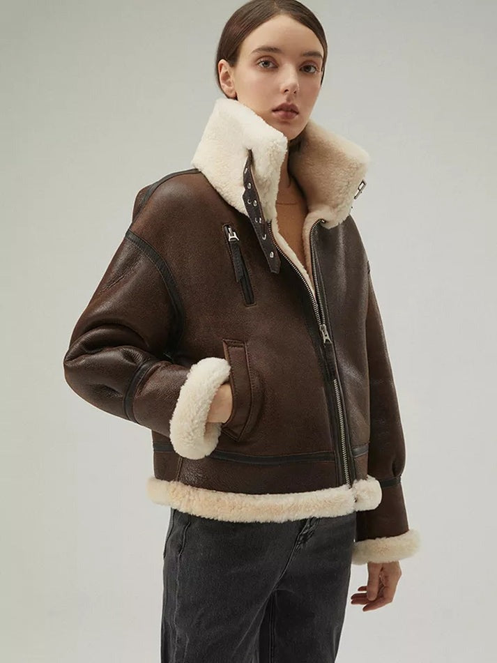 Women's Coffee Brown B3 Sheepskin Leather Jacket with Strapped Collar