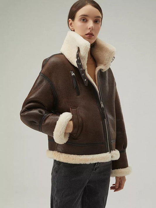 Women's Coffee Brown B3 Sheepskin Leather Jacket with Strapped Collar