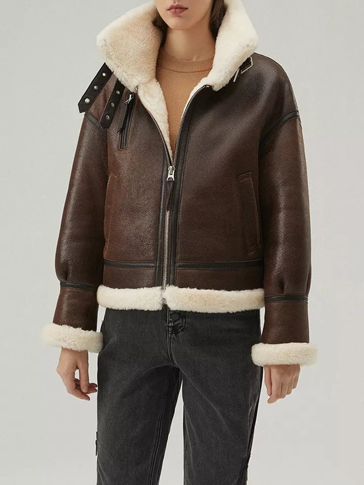 Women's Coffee Brown B3 Sheepskin Leather Jacket with Strapped Collar