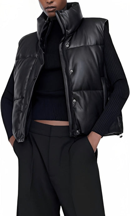 Black Leather Puffer Vest for Women