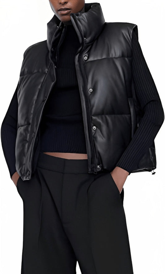 Black Leather Puffer Vest for Women