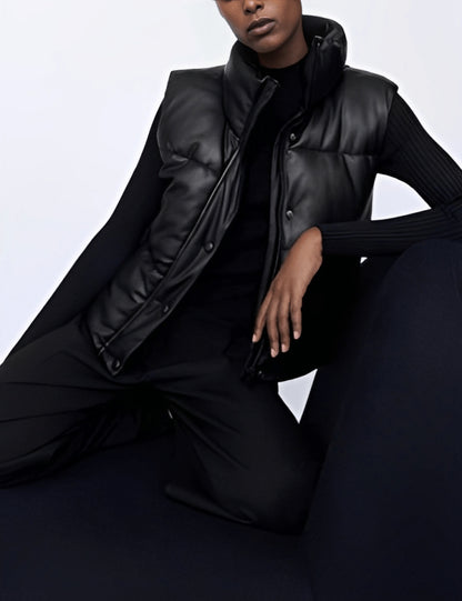 Black Leather Puffer Vest for Women