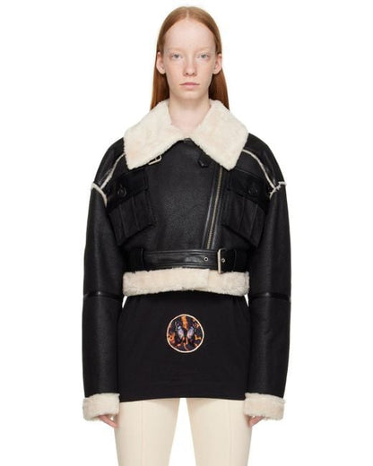 Women's Black Cropped Shearling Leather Jacket
