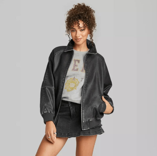 Women's Black Distressed Bomber Leather Jacket – Vintage & Stylish