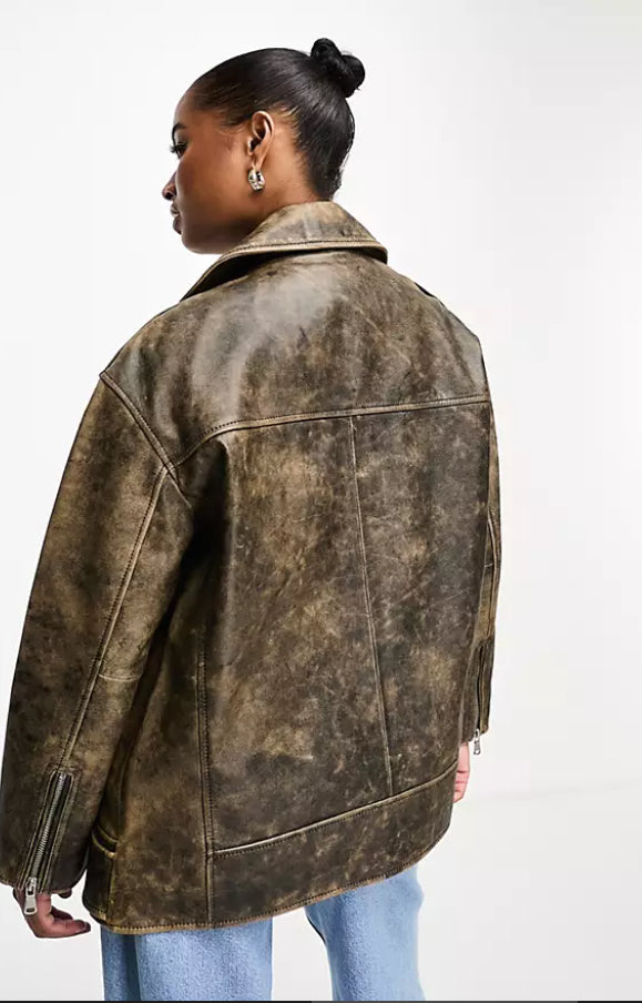 Vintage Distressed Leather Biker Jacket for Women