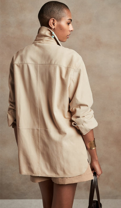 Women's Beige Full-Sleeve Leather Shirt – Chic & Timeless