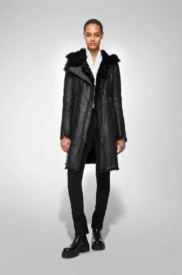 Black Fur Shearling Parka Leather Coat for Women