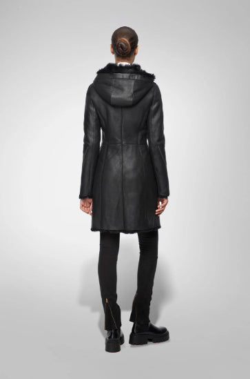 Black Fur Shearling Parka Leather Coat for Women
