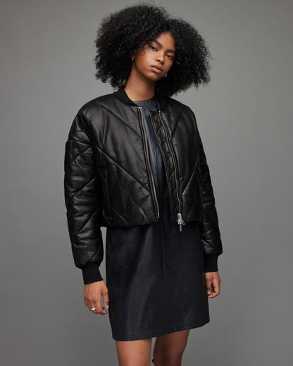 Women's Black Puffer Leather Jacket – Stylish & Warm