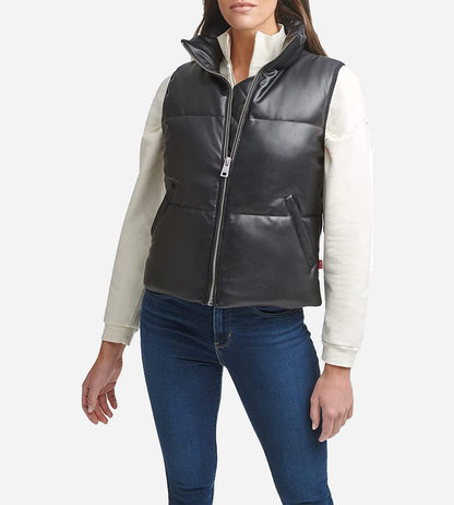 Women's Black Puffer Leather Vest – Sleek, Warm & Stylish