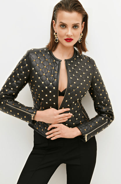 Women’s Quilted Black Leather Jacket with Gold Studs