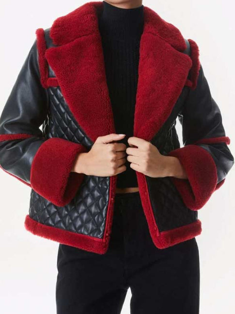 Black Quilted Sheepskin Leather Bomber Blazer for Women