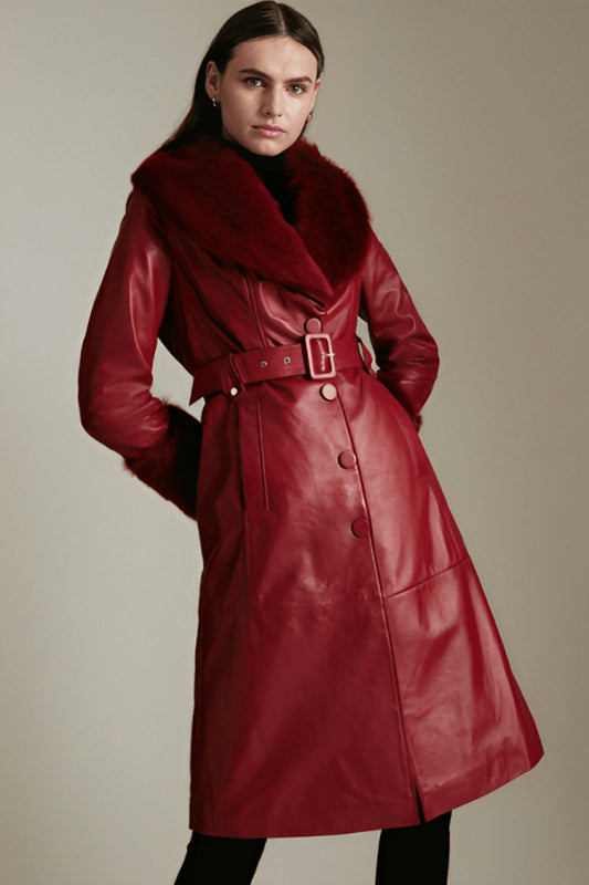 Red Shearling Leather Coat for Women