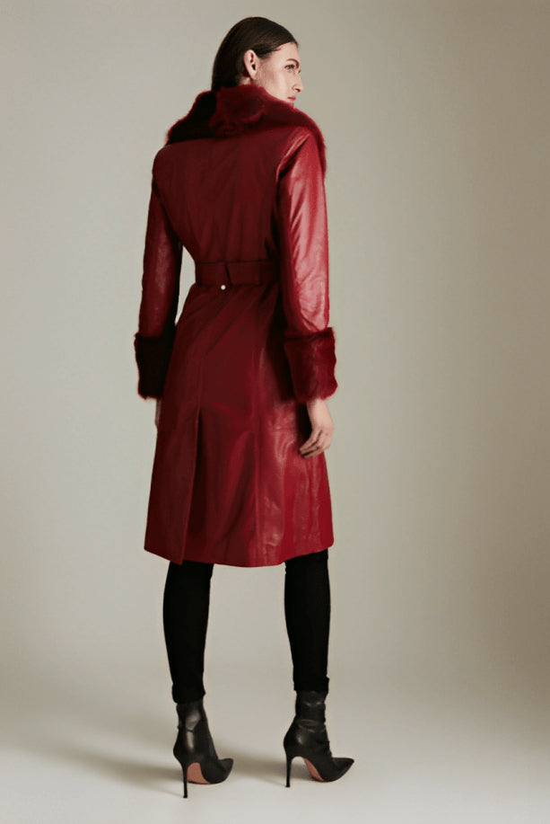 Red Shearling Leather Coat for Women